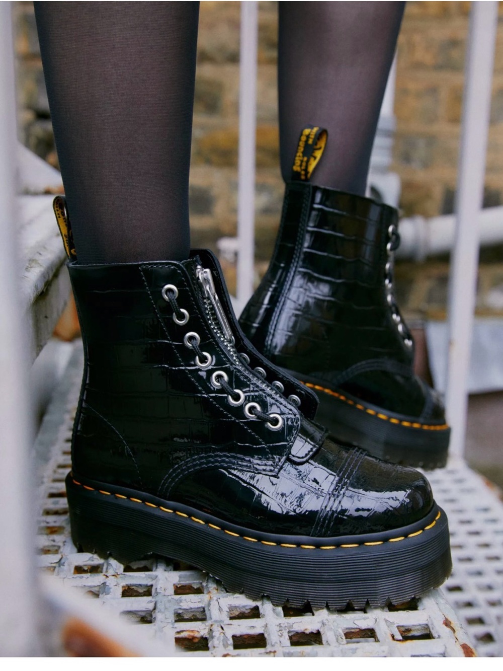 Dr. Martens Black Patent Platform Lace-Up Ankle Boots with Yellow Welt Stitching